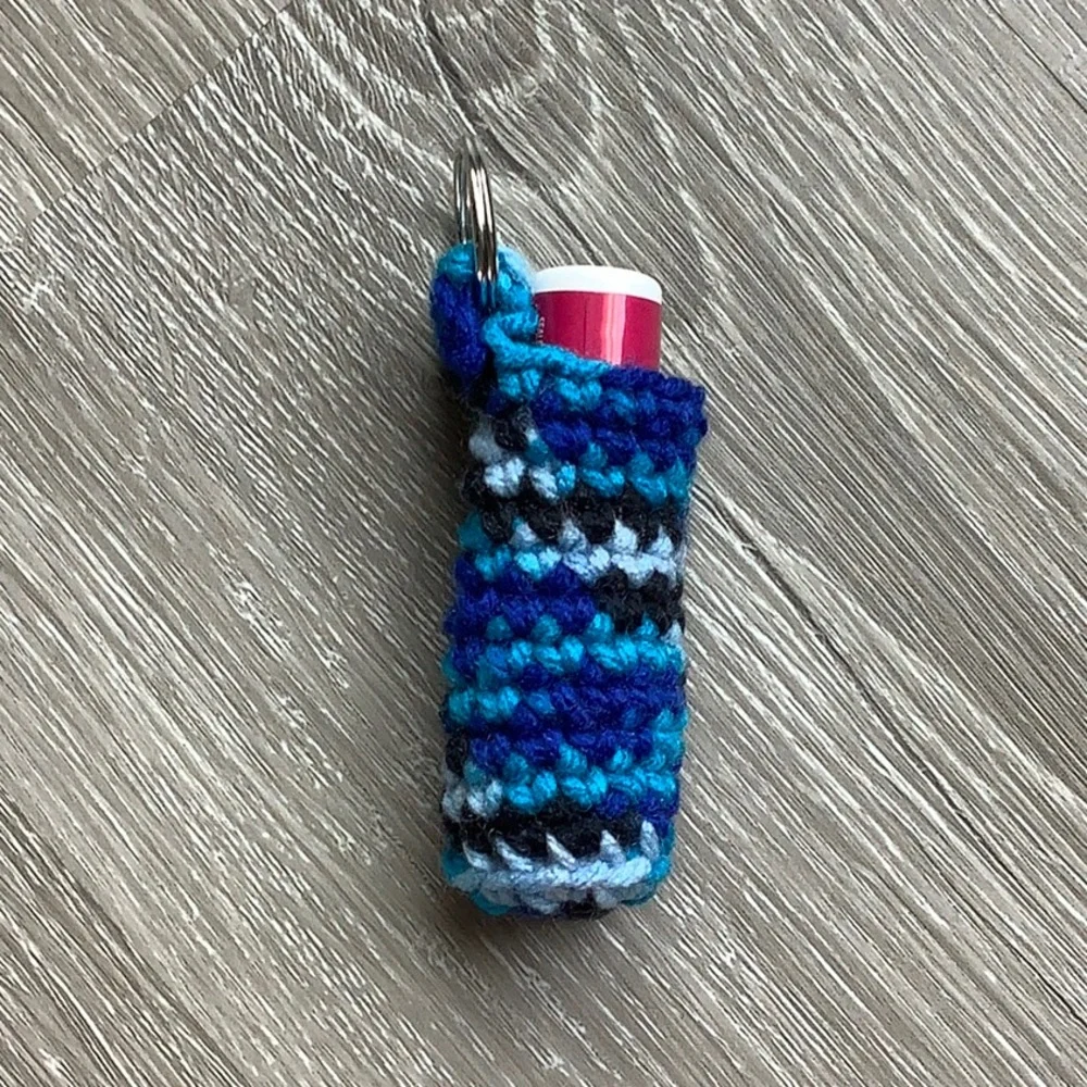 Crochet Lip Balm Holder Keychain shades of blue & black - Picture 4 of 5
